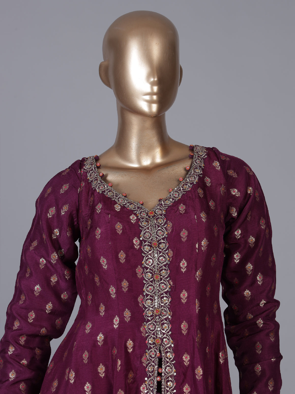 Deep wine banarasi silk anarkali palazzo suit