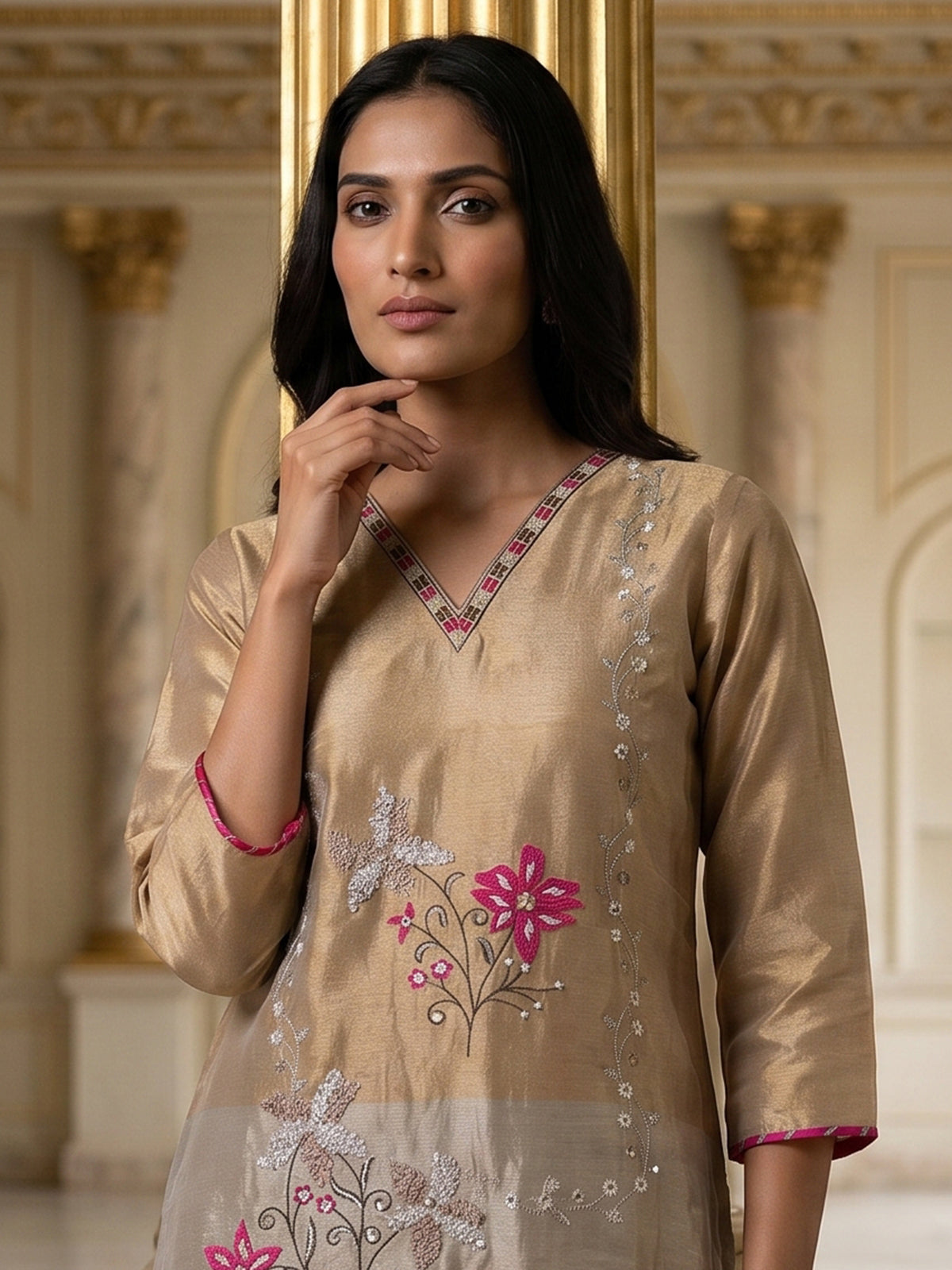Gold and beige silk salwar suit with embroidery