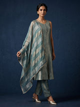 Green metallic brocade salwar suit with front-slit kameez