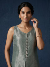 Green metallic brocade salwar suit with front-slit kameez