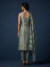 Green metallic brocade salwar suit with front-slit kameez