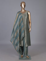 Green metallic brocade salwar suit with front-slit kameez