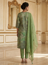 Sage green printed kurti set with trouser and sheer dupatta