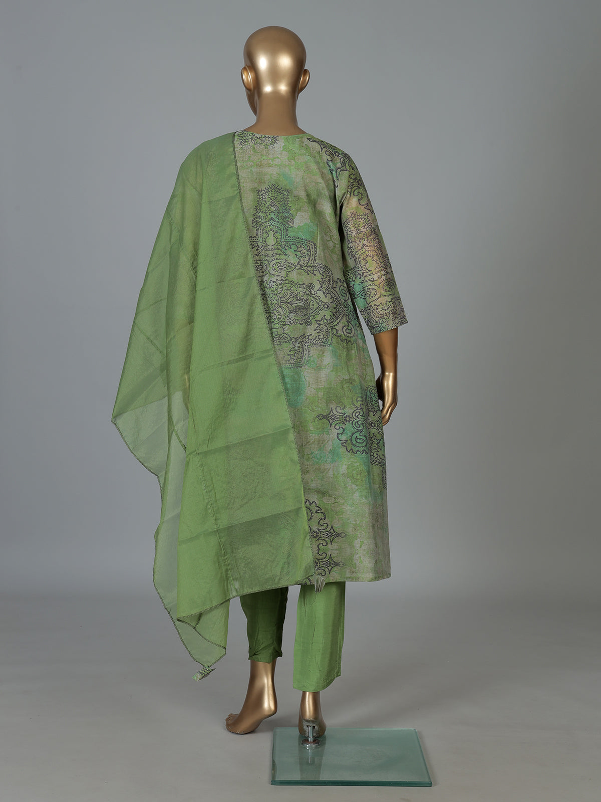 Sage green printed kurti set with trouser and sheer dupatta