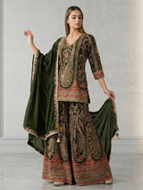 Mehendi green sharara suit with motifs