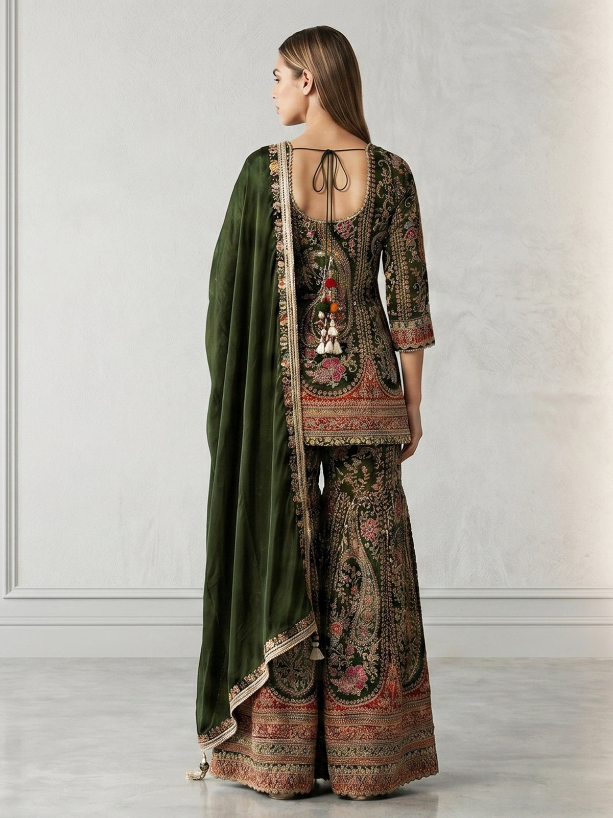 Mehendi green sharara suit with motifs