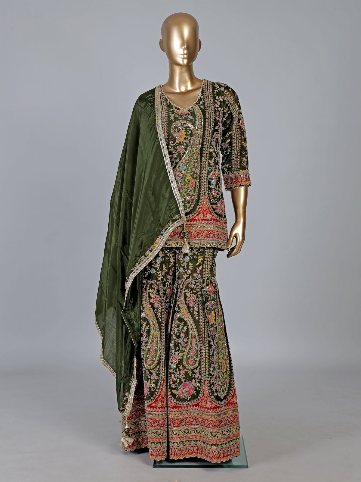 Mehendi green sharara suit with motifs