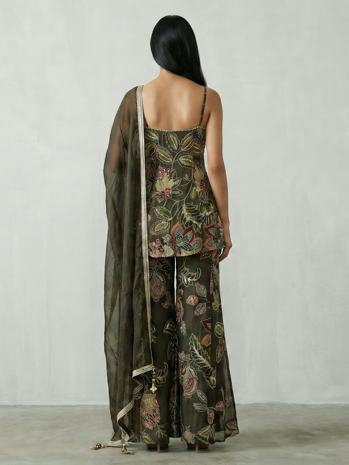 Mehendi green floral palazzo suit for wedding