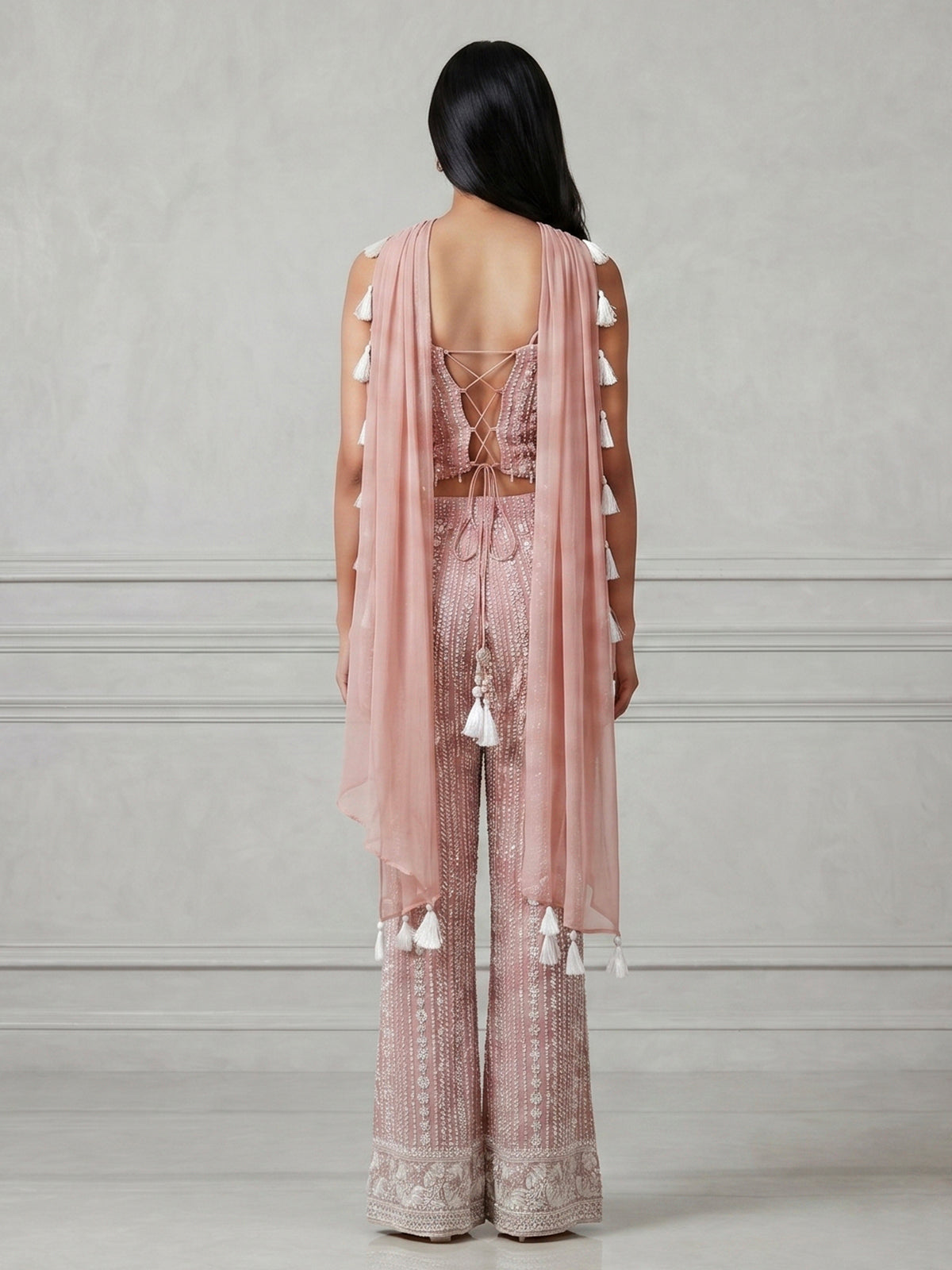 Peach georgette palazzo suit with cutdana detailing