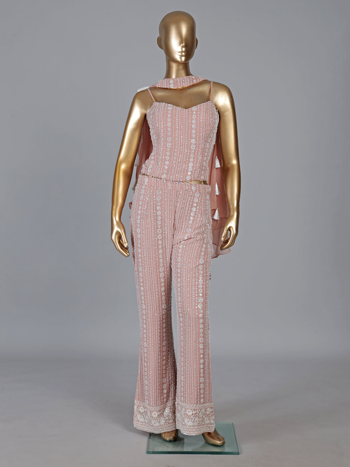 Peach georgette palazzo suit with cutdana detailing