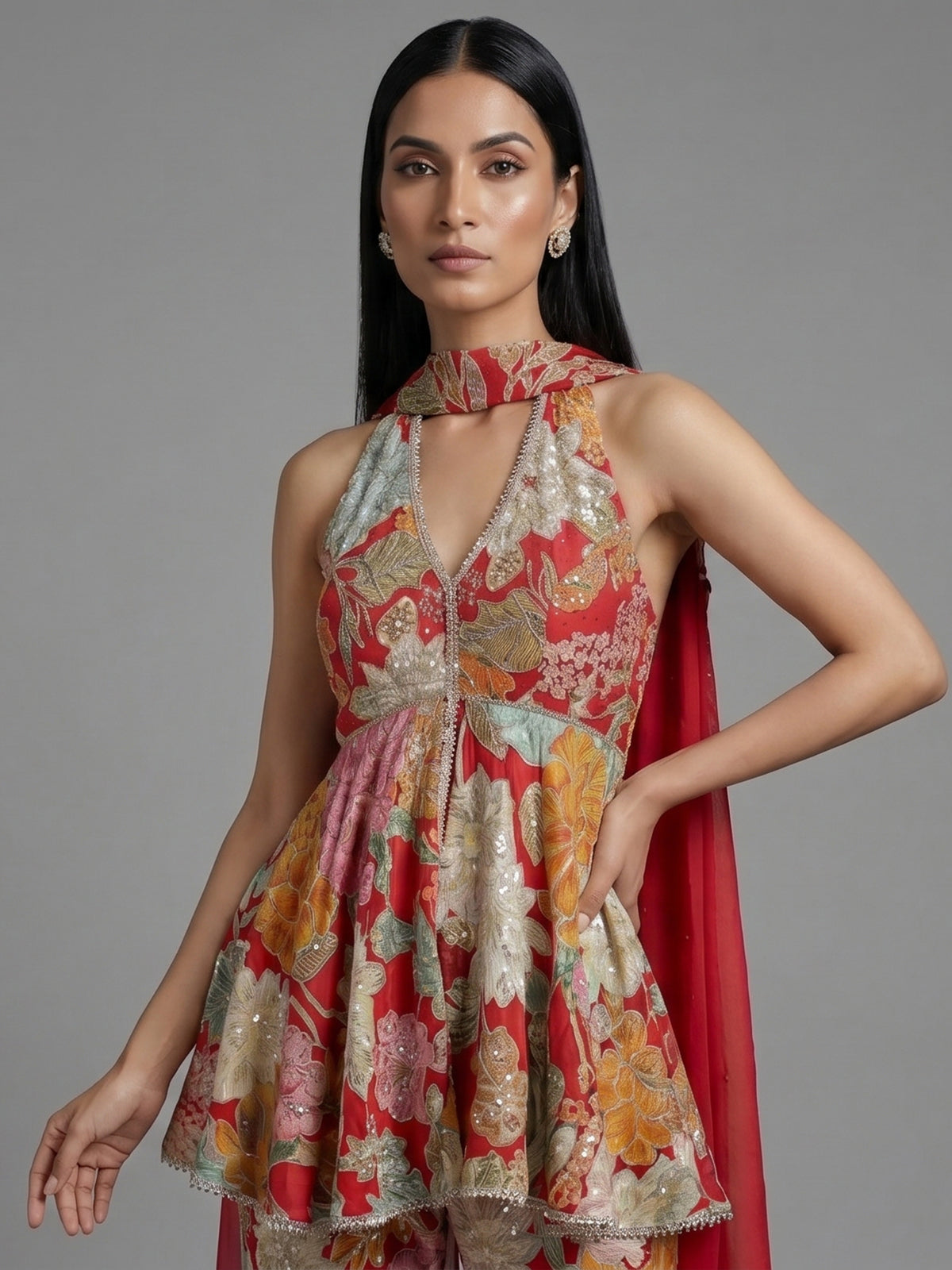 Red floral georgette sharara suit with rich detailing