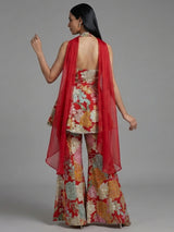 Red floral georgette sharara suit with rich detailing