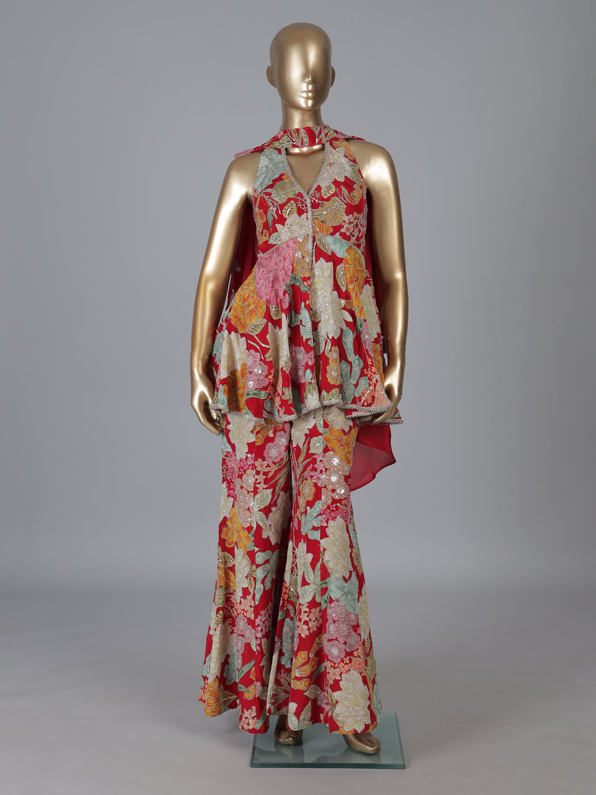 Red floral georgette sharara suit with rich detailing