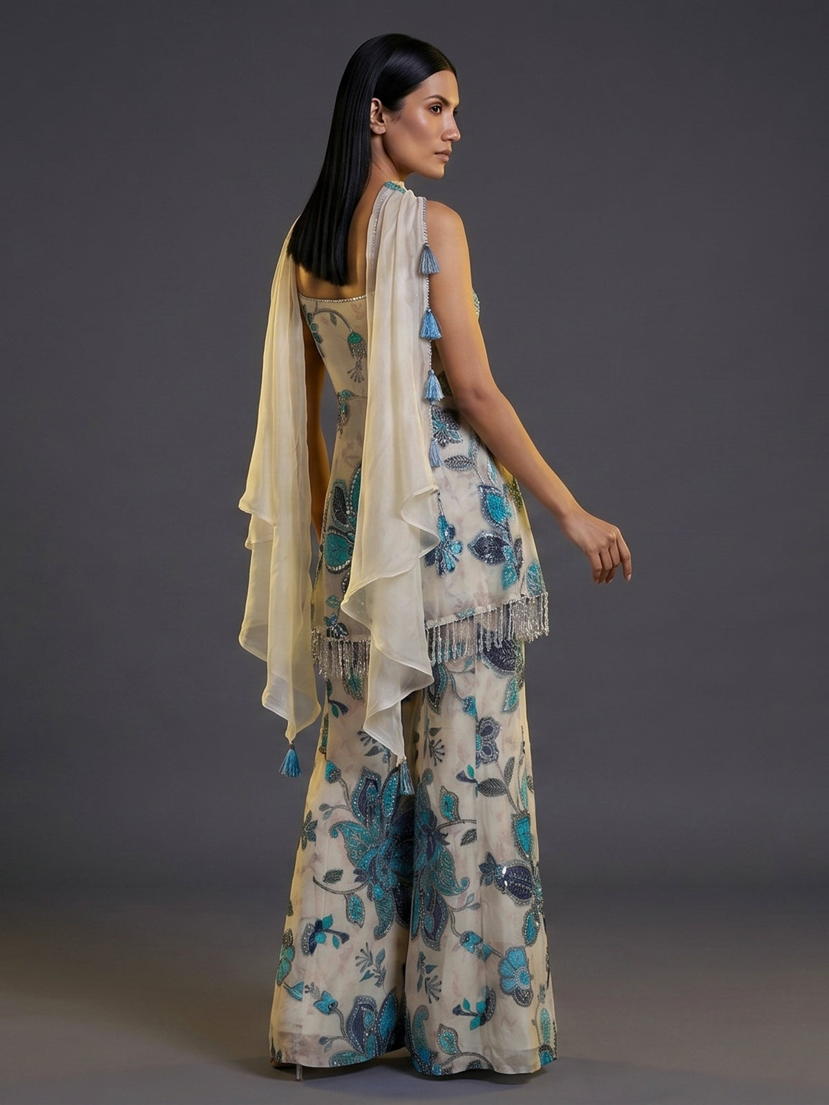 Ivory crepe georgette party wear sharara suit