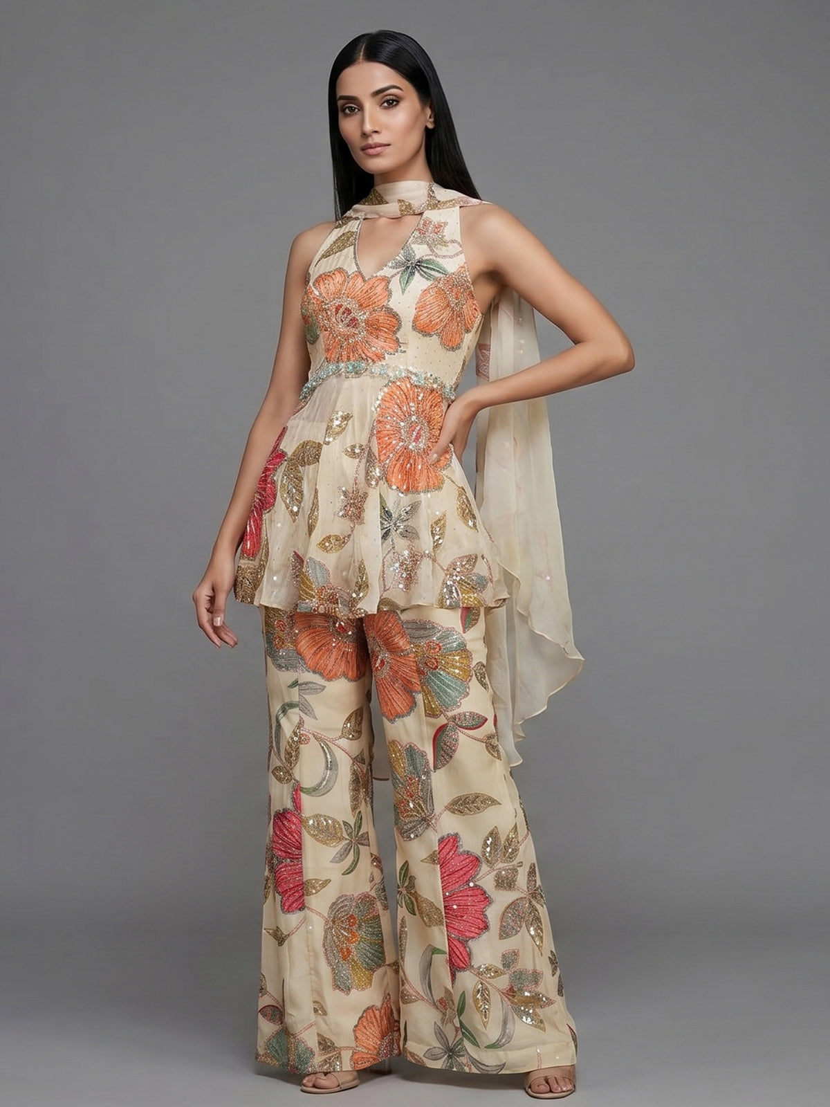 Cream floral sharara suit with mirror work