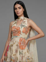 Cream floral sharara suit with mirror work