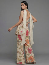 Cream floral sharara suit with mirror work