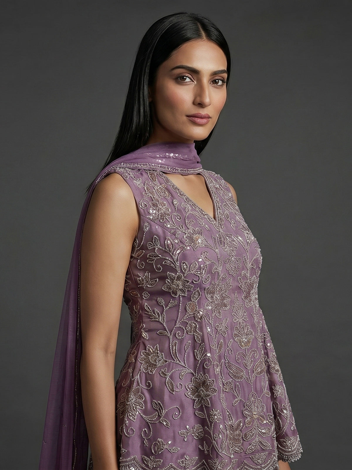 Pink silk palazzo suit with sequin work