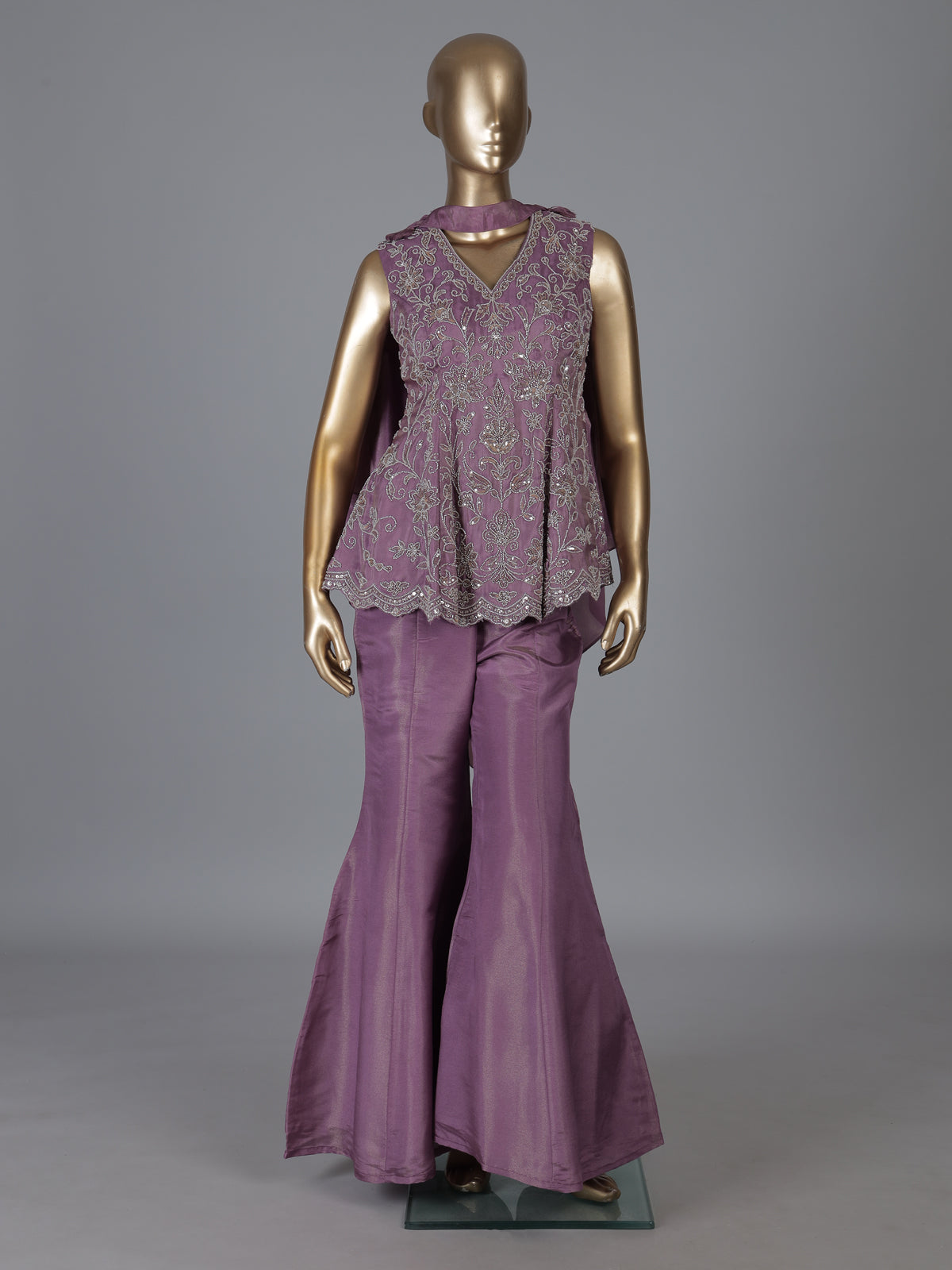 Pink silk palazzo suit with sequin work