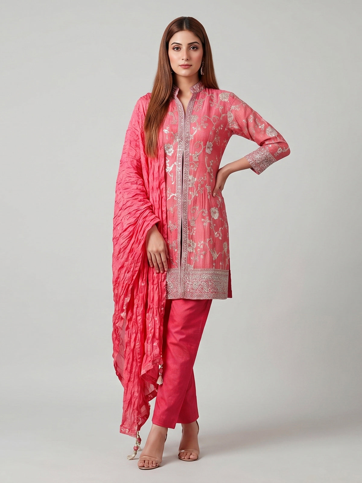 Pink silk pant suit with mirror work