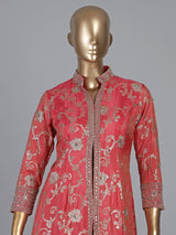 Pink silk pant suit with mirror work