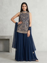 Peacock blue georgette palazzo suit with diamond accents