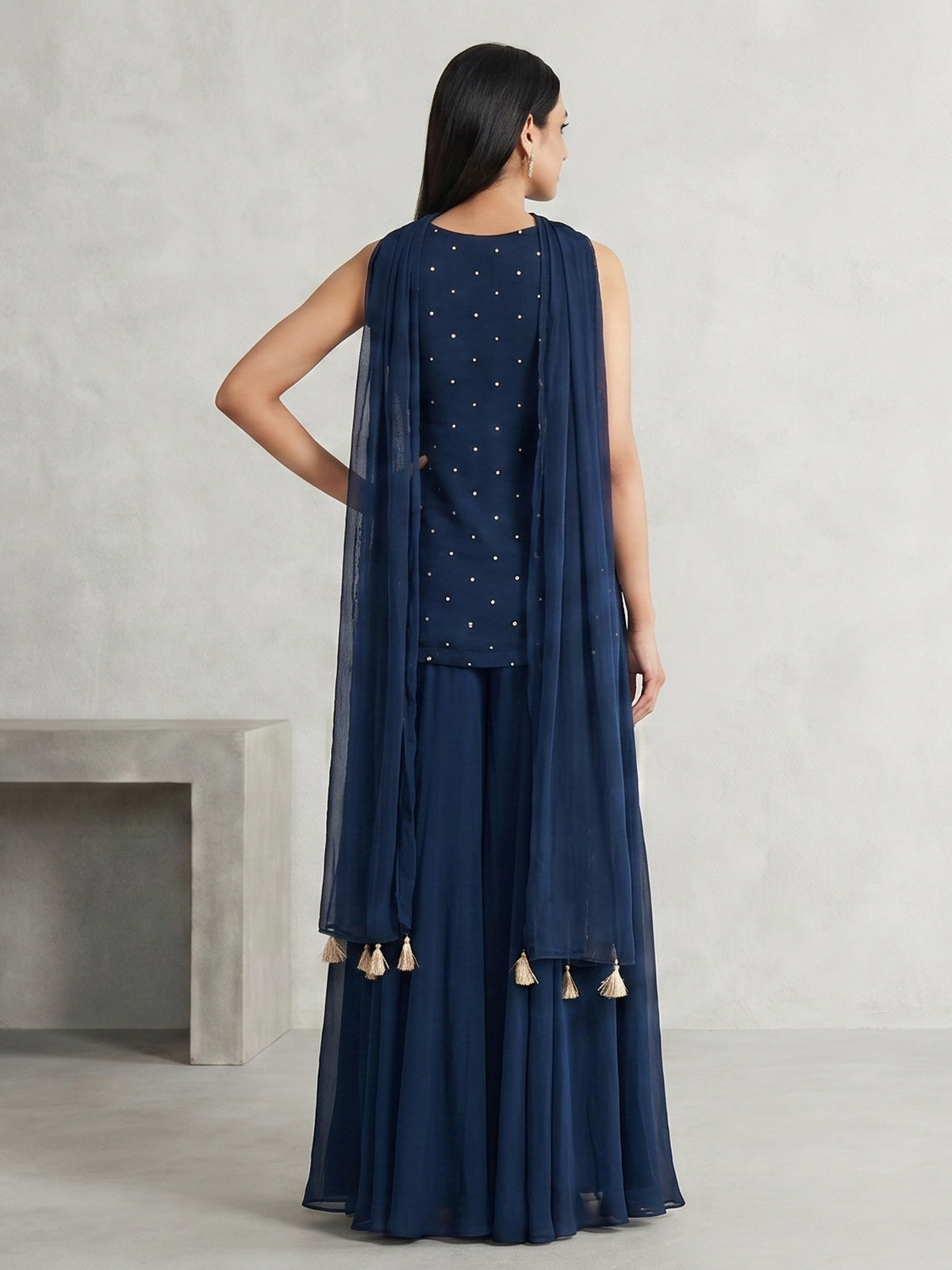 Peacock blue georgette palazzo suit with diamond accents