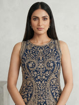 Peacock blue georgette palazzo suit with diamond accents