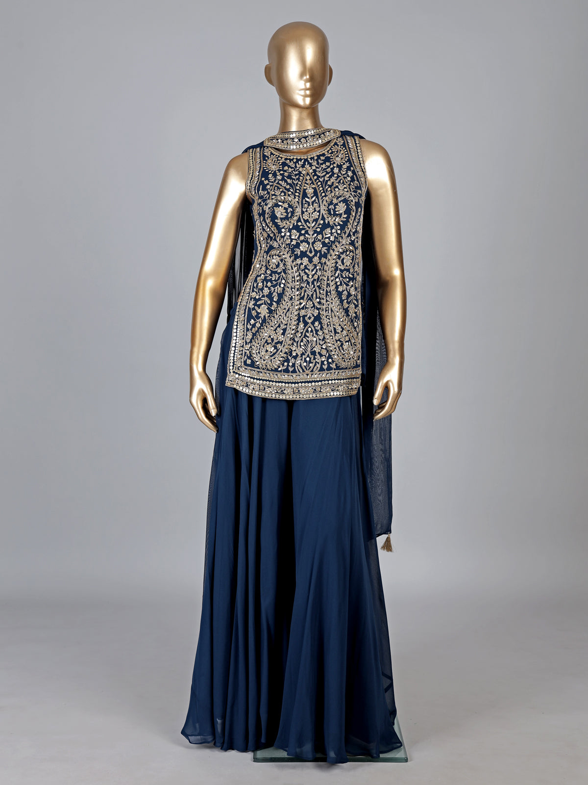 Peacock blue georgette palazzo suit with diamond accents