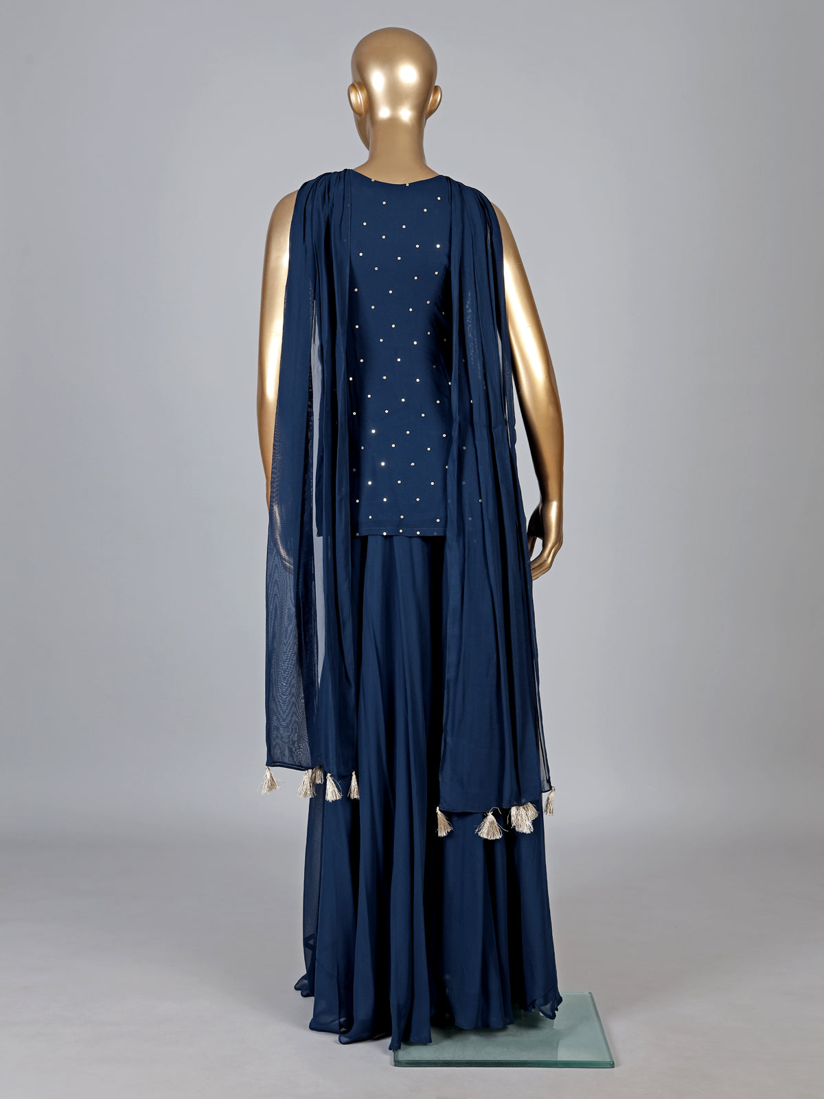 Peacock blue georgette palazzo suit with diamond accents