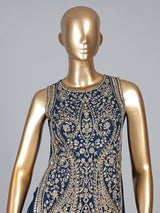 Peacock blue georgette palazzo suit with diamond accents