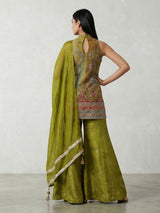 Mehendi green silk palazzo suit with stand collar neck