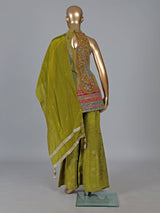 Mehendi green silk palazzo suit with stand collar neck