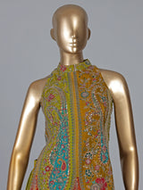 Mehendi green silk palazzo suit with stand collar neck