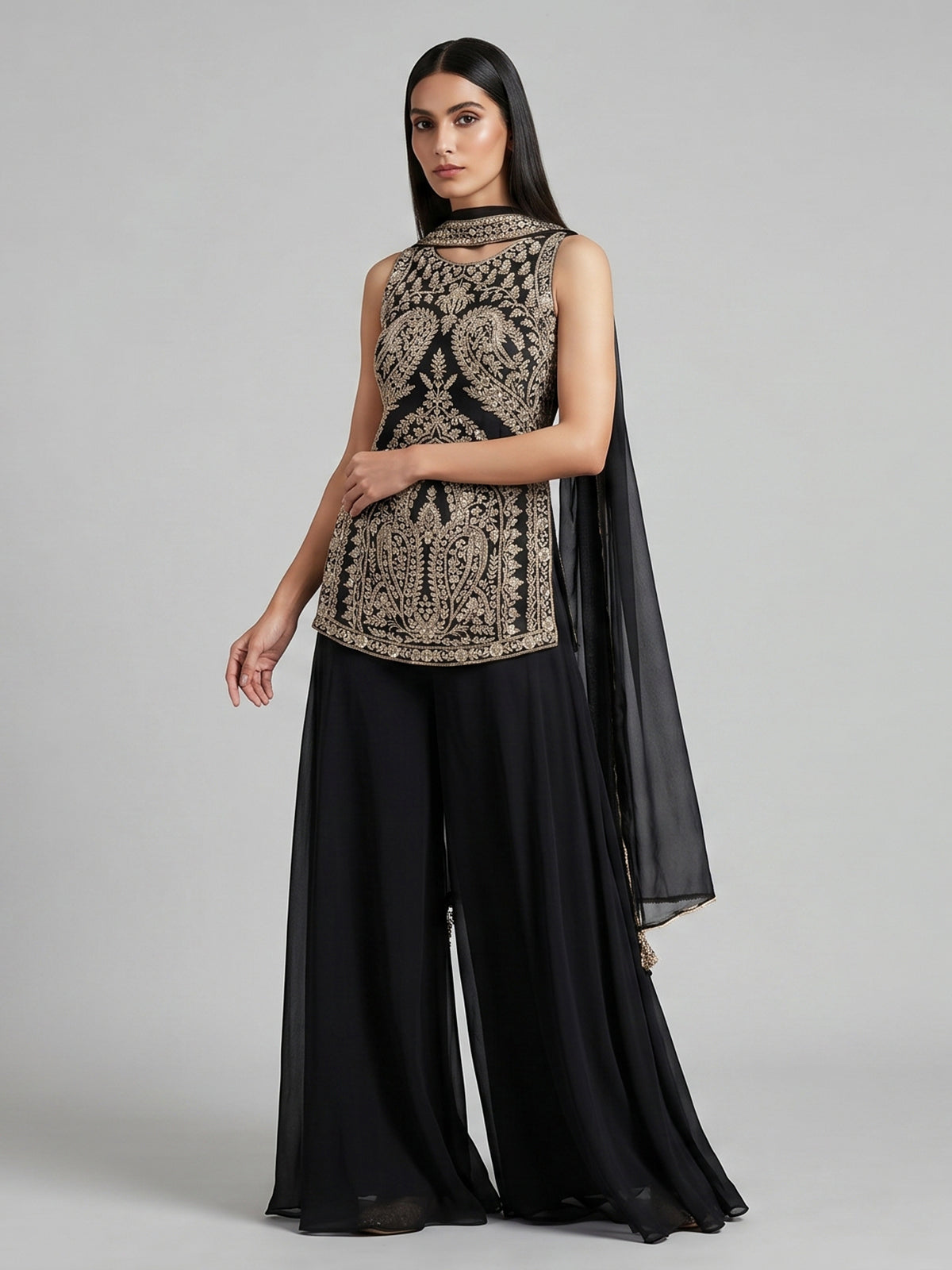 Black georgette palazzo suit with sequin shine
