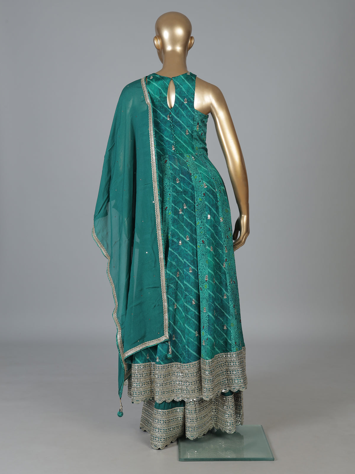Green silk anarkali palazzo suit for wedding celebration