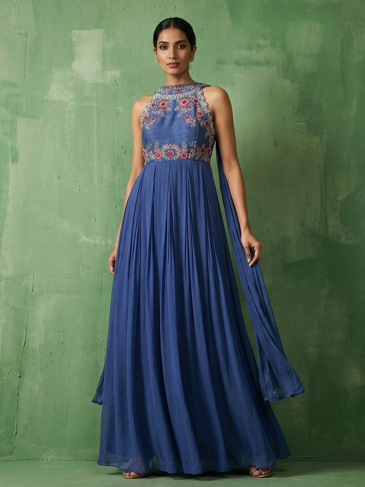halter neck anarkali dress Blue festive floor length suit trendy halter neck kurti