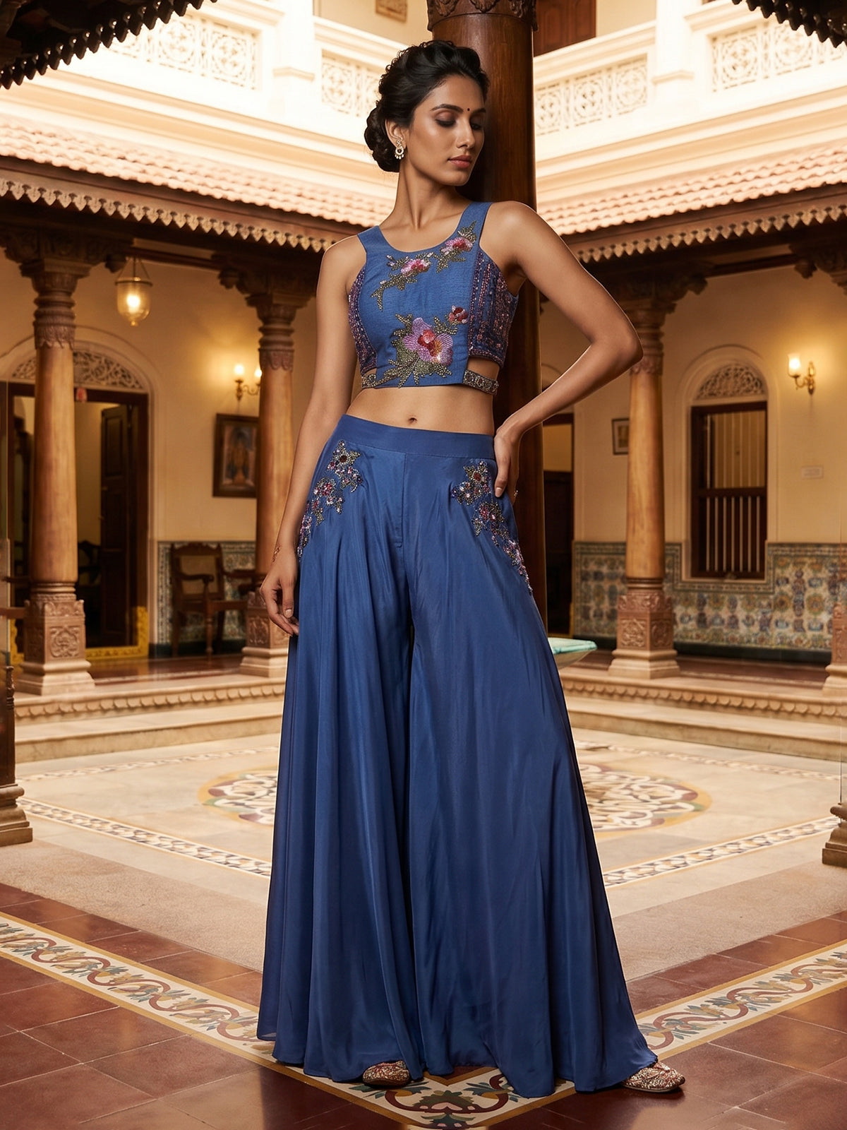 Indigo blue designer festive wear palazzo suit