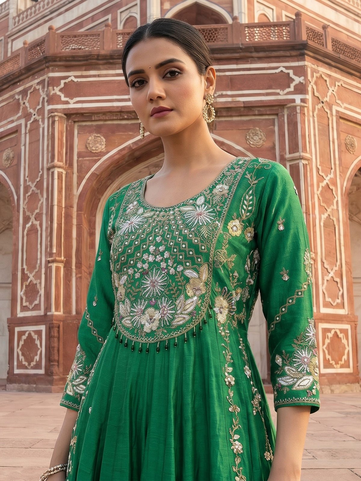 Emerald green silk wedding wear anarkali suit