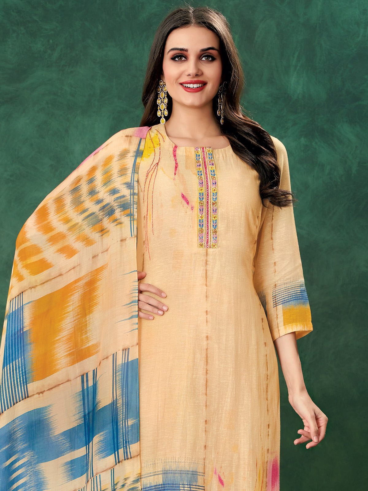 Peach linen salwar suit in printed