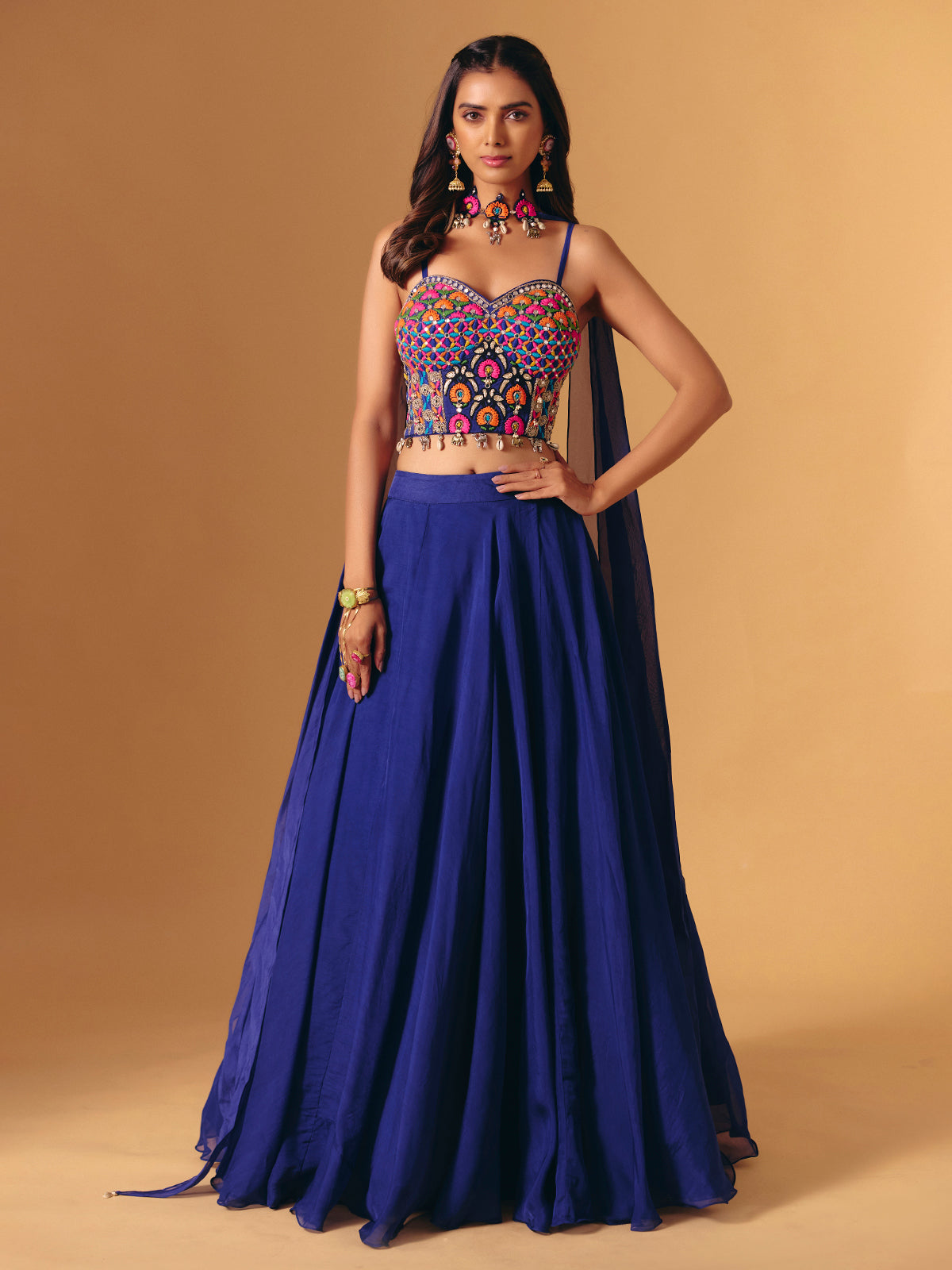 Blue georgette lehenga choli with cowrie shell for wedding