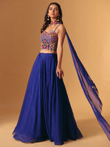 Blue georgette lehenga choli with cowrie shell for wedding