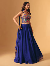Blue georgette lehenga choli with cowrie shell for wedding