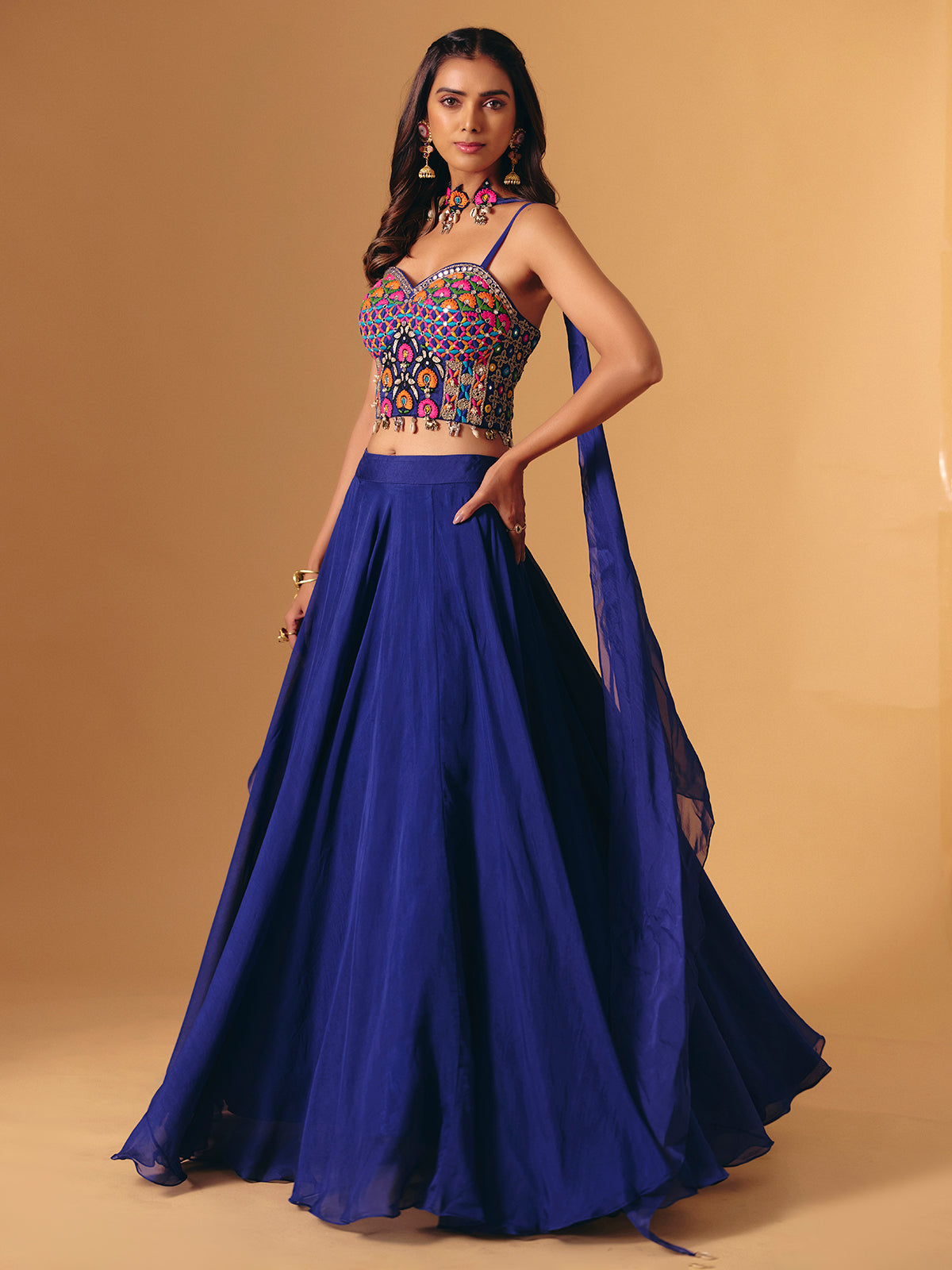 Blue georgette lehenga choli with cowrie shell for wedding