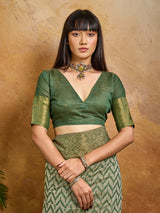 Green vibrant printed zari festive saree elegance