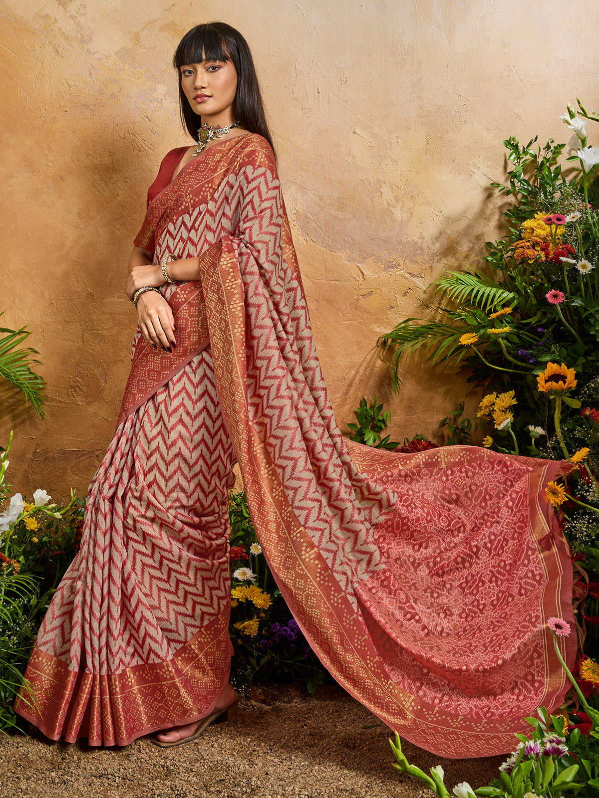 Red radiant printed festive saree with charm