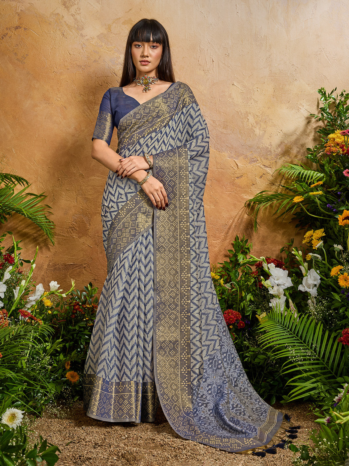 Blue graceful zari printed celebration saree beauty