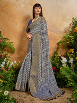 Blue graceful zari printed celebration saree beauty