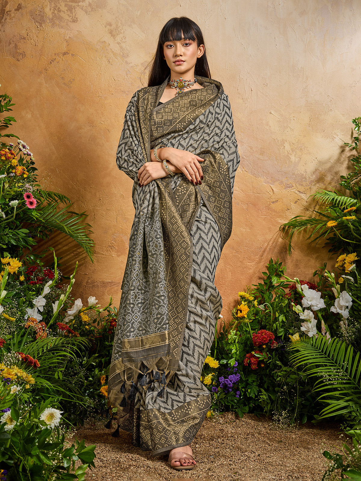 Black regal printed woven festive saree allure