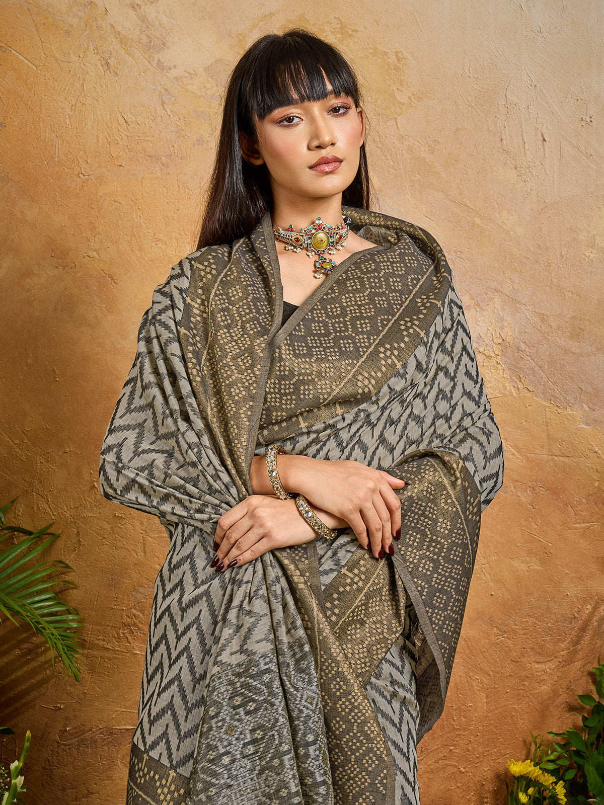Black regal printed woven festive saree allure